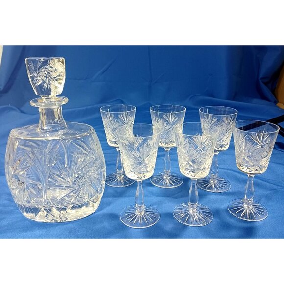 Vtg Bohemian Cut Lead Crystal Decanter 6 Wine Sherry Cordial Glasses Set - Picture 8 of 16